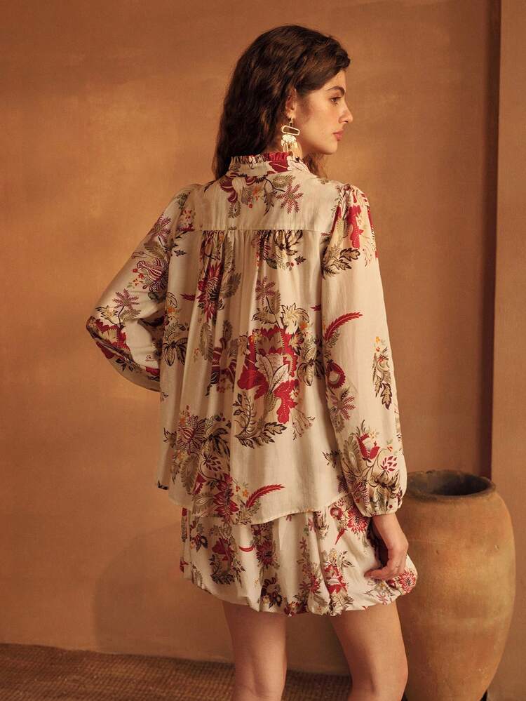2PCS/SET WOMEN FLORAL PRINT LANTERN SLEEVE TOP AND MINI SKIRT