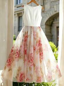 Chiffon Printed Patchwork Sleeveless Romantic Vacation Dress For Women - Pink - View 2