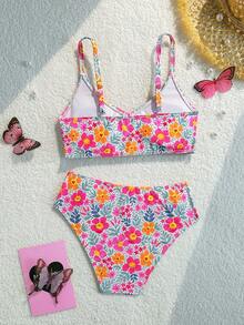 SHEIN Bộ bikini họa tiết hoa nhí nhiều màu sắc dành cho bé gái tuổi teen, áo buộc dây ở giữa, quần buộc dây bên hông, đồ bơi 2 mảnh, thời trang, giản dị, thanh lịch, thích hợp cho bơi lội, kỳ nghỉ, mùa hè. - Nhiều màu - Xem 2