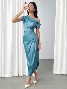 Modelyn Solid Ruched Asymmetrical Neck Dress Without Belt Long Evening Dresses - Dusty Blue - View 4