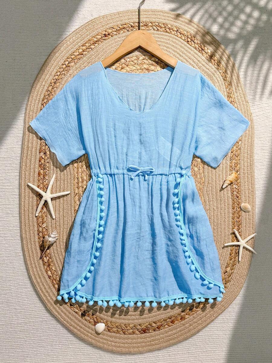 SHEIN 少女纯色荷叶边休闲沙滩罩衫连衣裙 - 藍色 - 查看 1