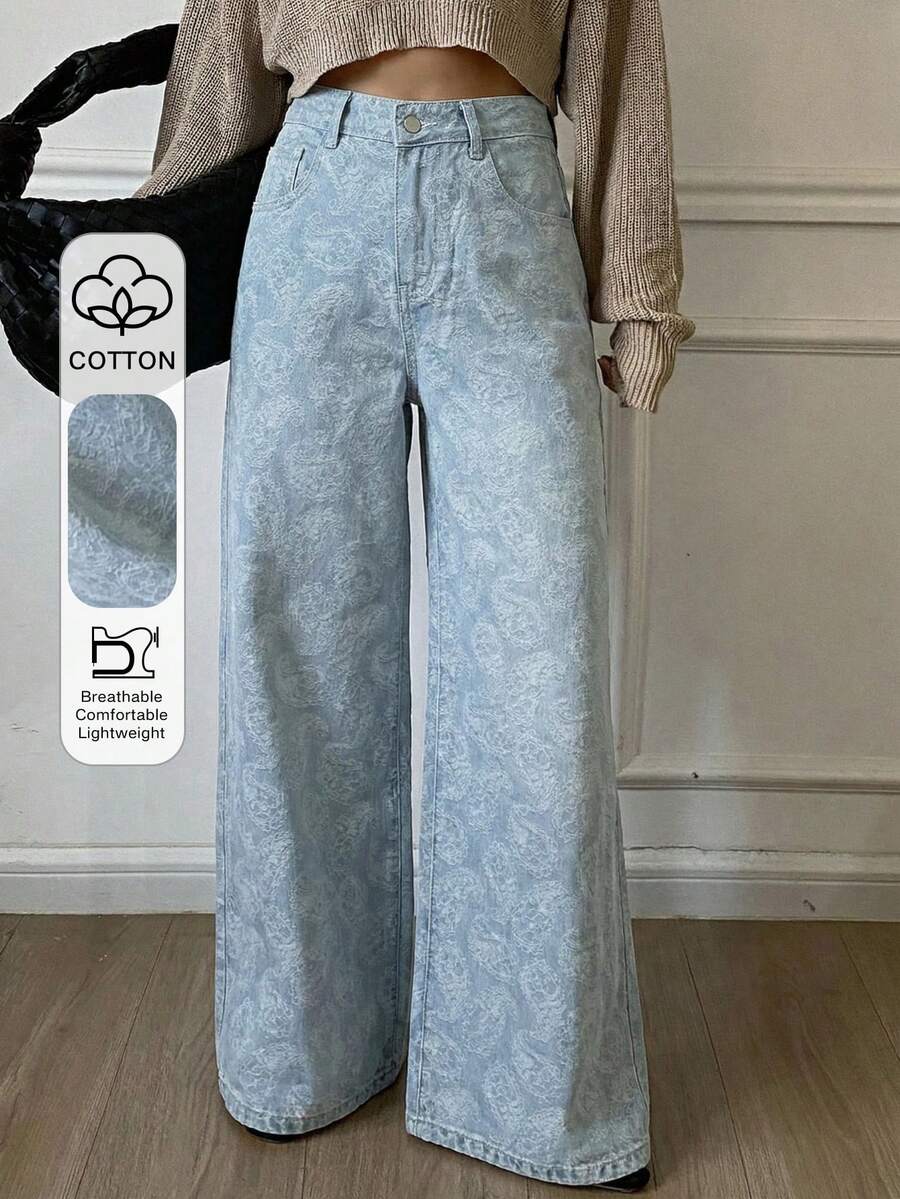 DAZY Floral Jacquard Fabric Loose Wide Leg Pants, Casual Vacation Summer Women Jeans - Blue - View 1