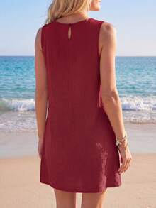 EMERY ROSE Vestido de tirantes casual de unicolor de verano con cuello redondo y encaje de contraste para mujer - Burdeos - Ver 2