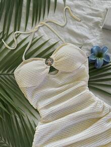 INAWLY Metal Decor Necklace Beach Golf Vacation Dress White Summer Sexy - Apricot - View 5
