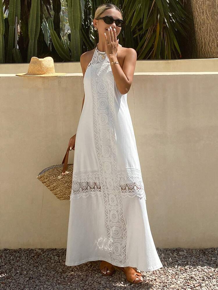 Contrast Lace Hollow Out Halter Backless Elegant Vacation Beach Dress For Women Sun Dresses For Women