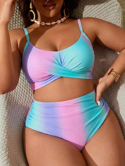 Slaydiva Bộ bikini cỡ lớn dành cho nữ, in họa tiết chuyển màu, kiểu dây buộc chéo ngực phía sau, thích hợp cho kỳ nghỉ biển/khu nghỉ dưỡng.