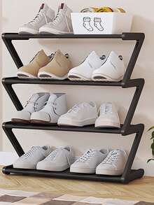 This Large Four-Layer Z-Shaped Shoe Rack Can Be Easily Assembled Without Any Tools. It Is Made Of Black Plastic And Is A Stackable Storage Rack, Suitable For Homes, Dormitories And Living Rooms. Its Space-Saving Floor-Standing Design Makes It An Ideal Choice For Shoe Storage. - Multicolor - View 3