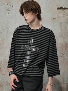 ROMWE MEN Street Life Áo thun nam tay loe 7/8 kẻ sọc phối vá - Nhiều màu - Xem 4