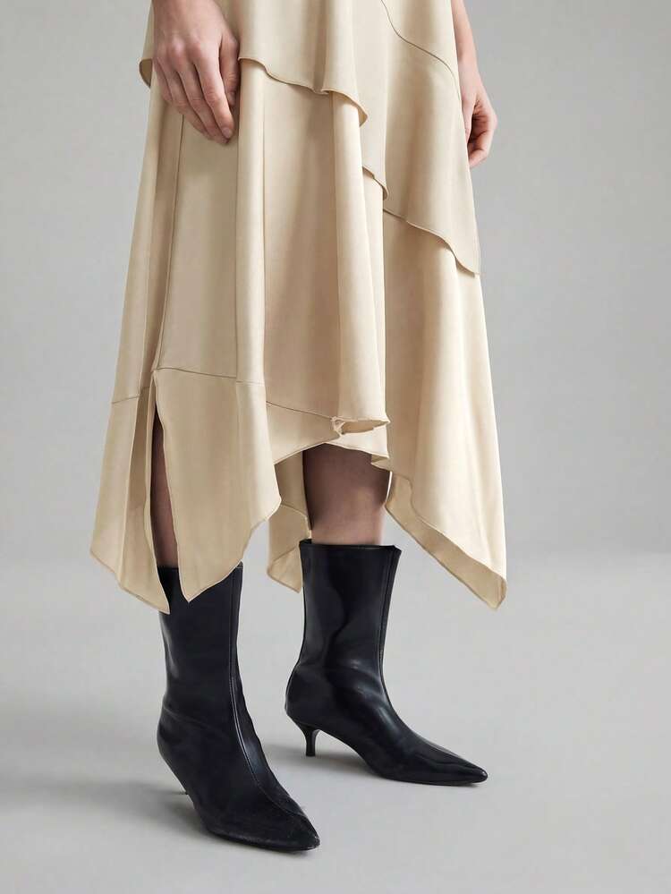 Women's Wrinkle-Resistant Satin Fabric And Comfortable Fabric Patchwork Design Round Neck Short Sleeve Asymmetric Hem Dress, Modern Urban Casual Chic Business Commuter High-Quality Airport Outfit, Wrinkle-Resistant High-End Fabric Long Dress All-Season Versatile Modern Urban Fashion Business Casual Women's Wear Office Brunch Attire Understated Old-Money Style, Elegant And Sophisticated, High-Quality Commuter And Airport Clothes Versatile Modern Urban Fashion Business Casual Women's Wear,Summer D
