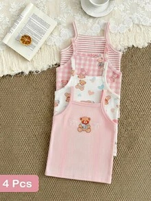 SHEIN 4件套可爱小熊印花舒适百搭女婴上衣，春夏款 - 淺粉色 - 查看 9
