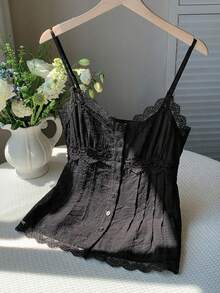 Comfortcana Plus Size Women's Solid Color Lace Ruffle Hem Casual Camisole, Spring/Summer, Outdoor Top, Black - Black - View 8