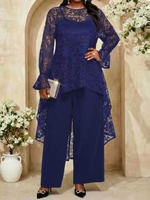 Fleurora Women's Plus Size Navy Lace Long Sleeve Asymmetrical Tunic Top And Wide Leg Pant Set - Navy Blue - View 1