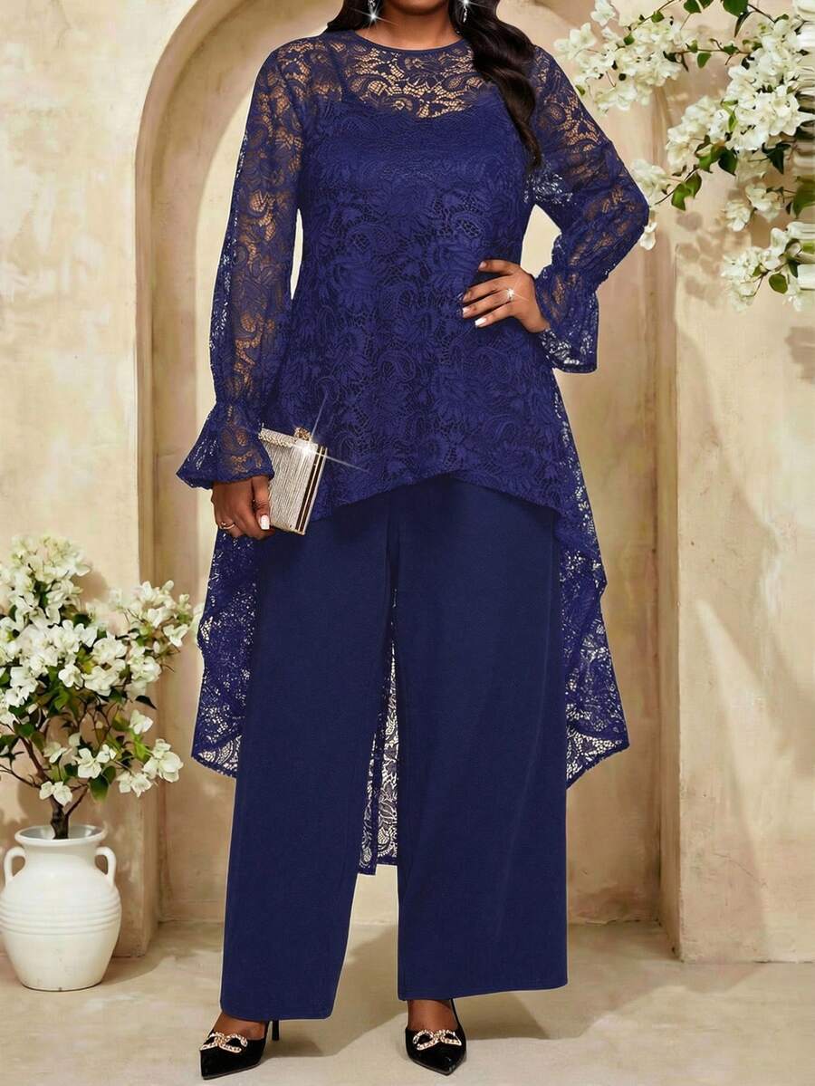 Fleurora Women's Plus Size Navy Lace Long Sleeve Asymmetrical Tunic Top And Wide Leg Pant Set - Navy Blue - View 1