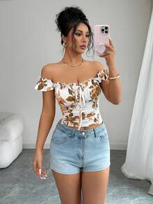 Arcane Artistry 夏季新款荷叶边袖系带褶皱吊带背心，度假风吊带上衣，适合旅行、度假、派对穿着 - 黃色 - 查看 6