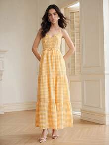 Anewsta New Arrival Sweet Fresh Yellow Plaid Sleeveless Dress, Suitable For Summer Beach Vacation Boho - Yellow - View 4
