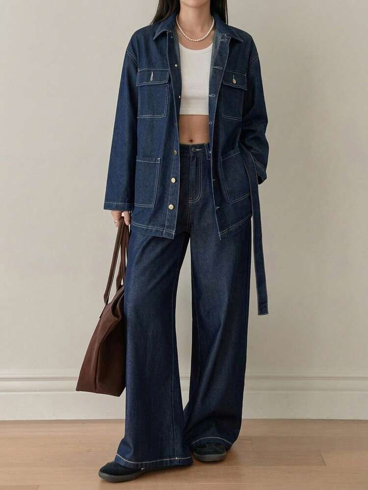 Women's Drop Shoulder Long Sleeve Single-Breasted Jacket And Pants Casual Denim Suit