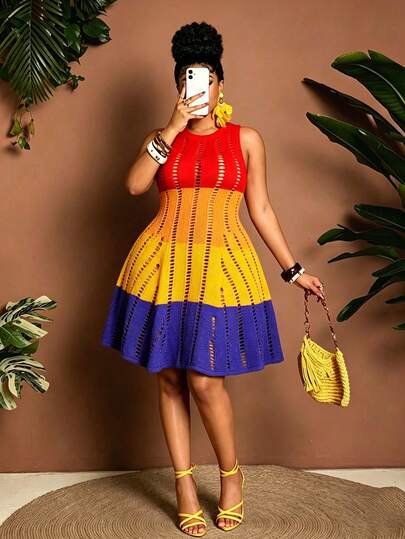 Maweii 大码女式毛衣连衣裙，多色可选，黄色、橙色、紫色，无袖，A字裙摆，迷你连衣裙，圆领，流苏，镂空设计，显瘦性感，女士针织连衣裙，女士外套，春季、夏季、度假