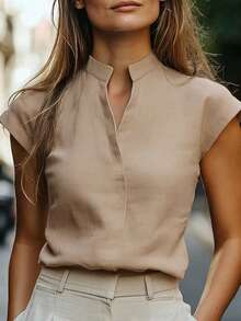 EMERY ROSE 女士休闲通勤简约纯色V领短袖上衣，夏季 - 棕色 - 查看 1