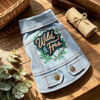 PETSIN 1 Piece Of Clothing For Cats And Dogs, Embroidered Casual Pet Vest With Traction Ring, Blue Bohemian Style Small Dog Coat