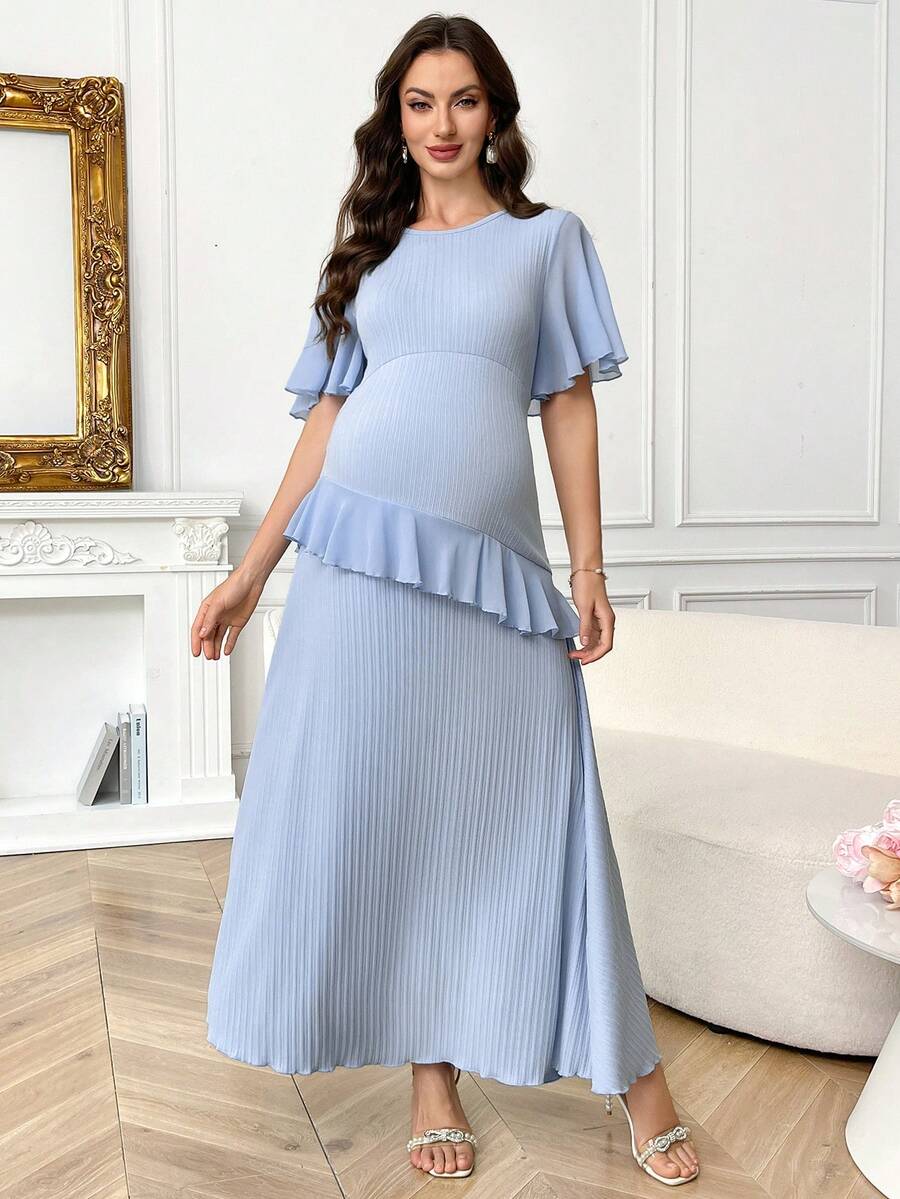 SHEIN Maternity Solid Color Round Neck Ruffle Hem Casual Elegant Photoshoot Dress Dresses For Pregnant Women Outfit Light Blue Summer - Blue - View 1