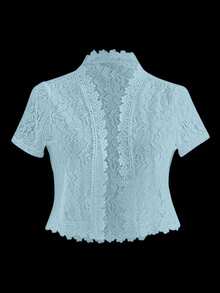 EMERY ROSE Ladies' Summer Solid Color Lace Patchwork Casual Open Front Jacket For Holiday Party Clothes - Light Wash - View 1