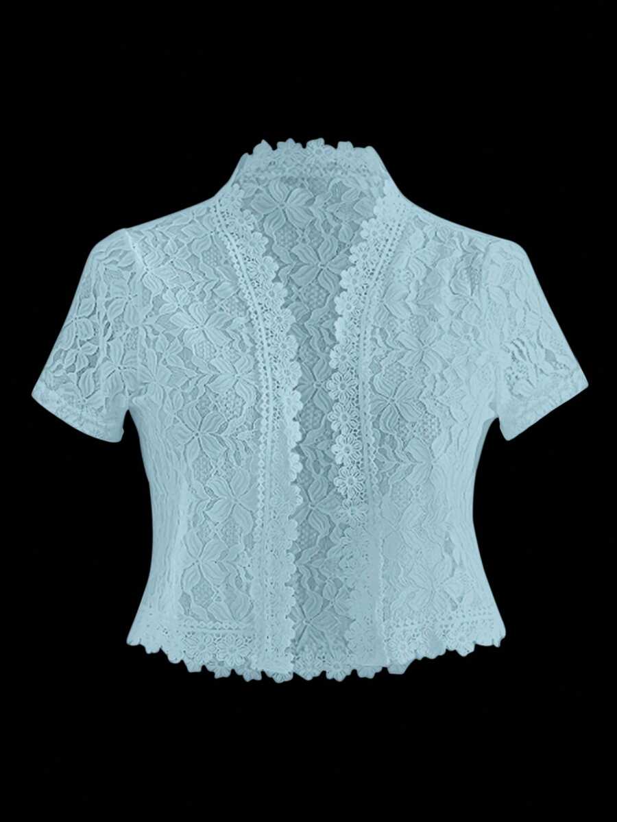 EMERY ROSE Ladies' Summer Solid Color Lace Patchwork Casual Open Front Jacket For Holiday Party Clothes - Light Wash - View 1