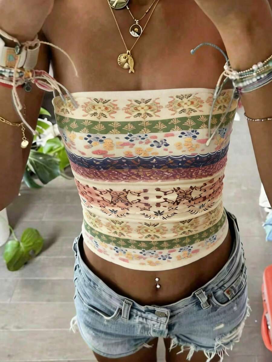 Women's Summer Vacation All-Over Print Tight Cropped Bandeau Top - Multicolor - View 1