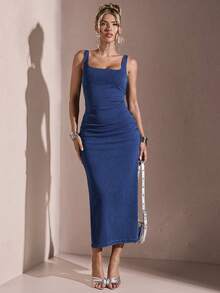 SHEIN BAE Women's Sleeveless Fitted Denim Casual Dress, Summer - Dark Wash - View 4