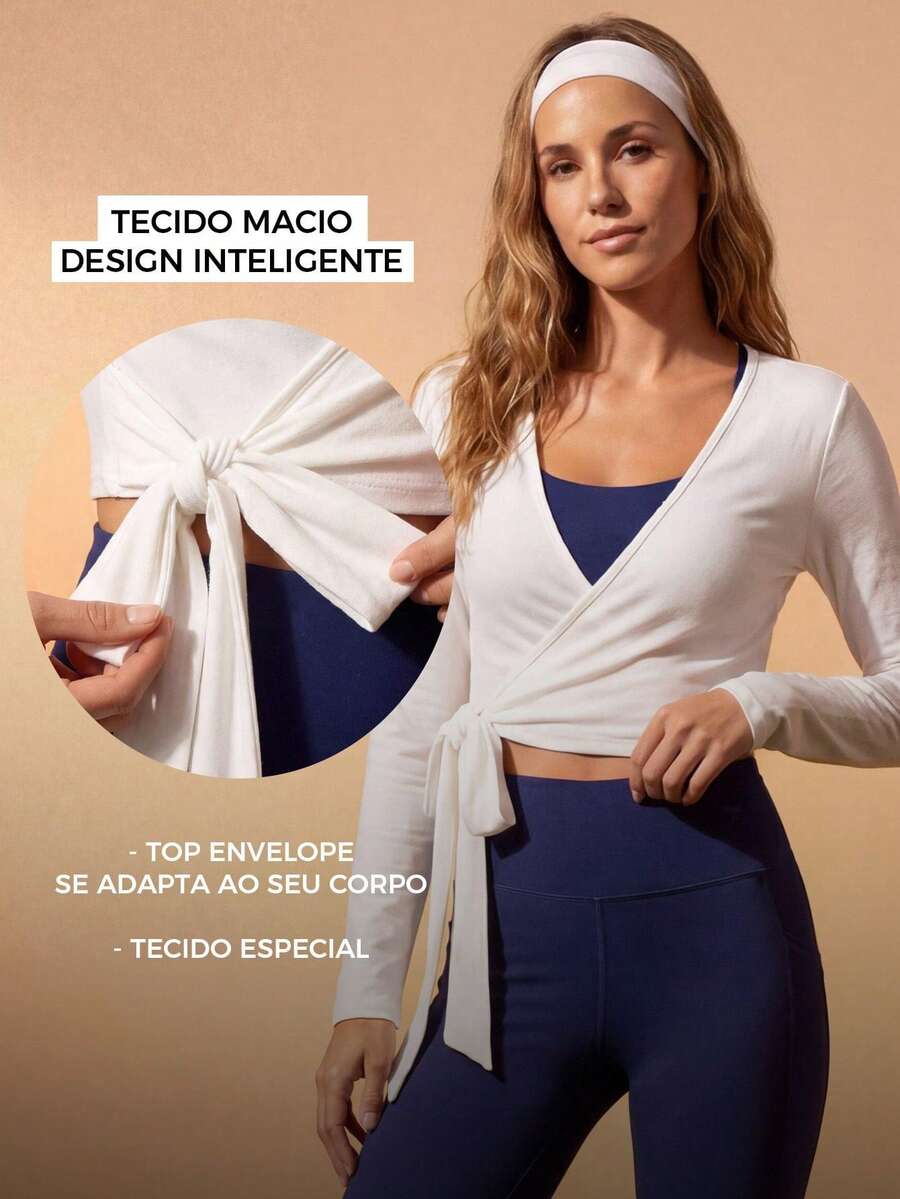 CAJUNI 裹身式短款上衣，系带设计，长袖，V领。 - 白色 - 查看 1