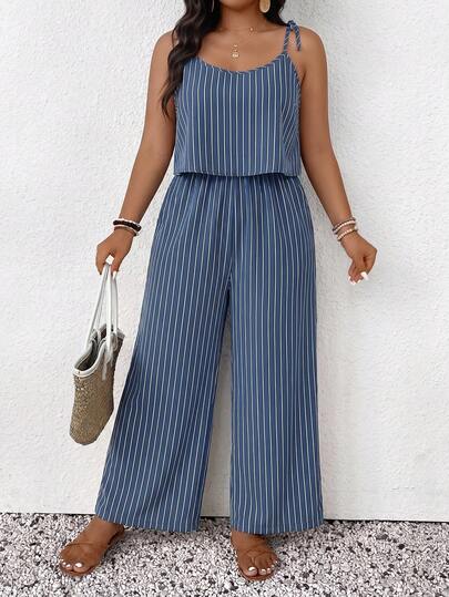 SHEIN Frenchy Plus Size Striped Sleeveless Jumpsuit, Casual Vacation Wear
