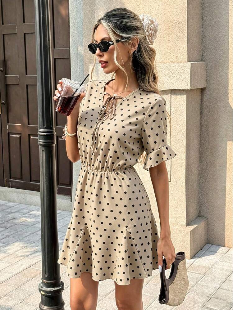 short sleeve polka dot dress Mini S Lena Laynes Dottie dress in elegant ivory polka dots Polka Dot Mini Dress Women's
