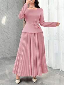 Feyla 女士纯色简约日常花卉装饰长袖连衣裙 - 粉色 - 查看 4