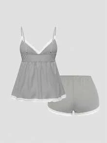 ROMWE Women Ribbed Lace Camisole And Shorts Casual Pajama Set - Light Grey - View 2