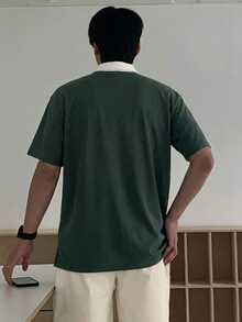 DAZY Men's Letter Print Contrast Color Polo Shirt, Summer - Green - View 2