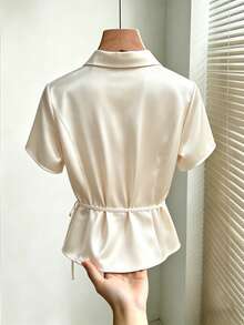 GlowEve Satin Shirt Collar Wrap Tie Bow Short Sleeve Elegant Blouse For Women - White - View 2