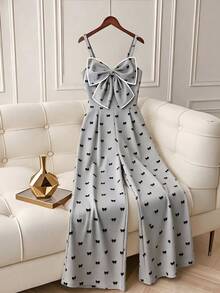Bộ jumpsuit hai dây chất liệu vải có họa tiết, thiết kế nơ kiểu Pháp, phong cách thanh lịch độc đáo, kiểu dáng suông ôm sát, thích hợp cho mùa xuân/hè. - Xám - Xem 2