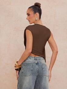 Lumalex Nueva blusa corta con mangas asimétricas fruncidas y ribete de cinta para primavera/verano - Marrón Mocha - Ver 7