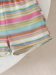 Girls Pink Jacquard Geometric Stripe Tank Top And Short Set For Everyday Casual Wear - Pink - View 7