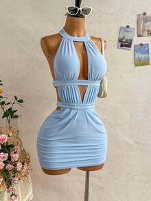 Soleia Women's Light Blue Summer 70s Mini Dress,Hollow-Out Backless Halter Ruched Rhinestone Embellished Boho Beach Vacation Night Out Party Dress - Blue - View 10