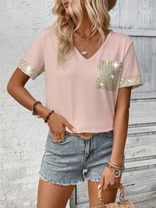 SHEIN LUNE Áo thun nữ cổ chữ V lấp lánh với họa tiết chắp vá, áo thun in hình đồ họa. - Hồng - Xem 4