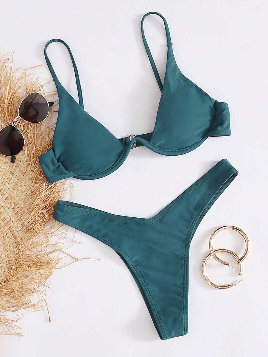 SHEIN Swim 單色比基尼套裝鋼圈文胸和高衩下裝2入組泳衣 - 水鴨藍 - 查看 1
