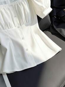 SHEIN Franclia 女款優雅白色夏季泡泡袖方領上衣，純色可愛襯衫，約會穿搭乳女風上衣，短袖上衣 - 白色 - 查看 5