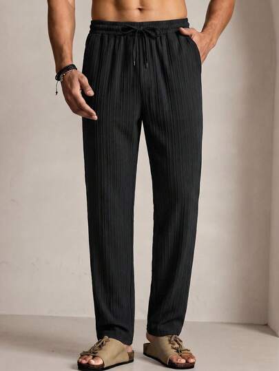 HIMLAND Men's Solid Color Oblique Pocket Knotted Casual Pants