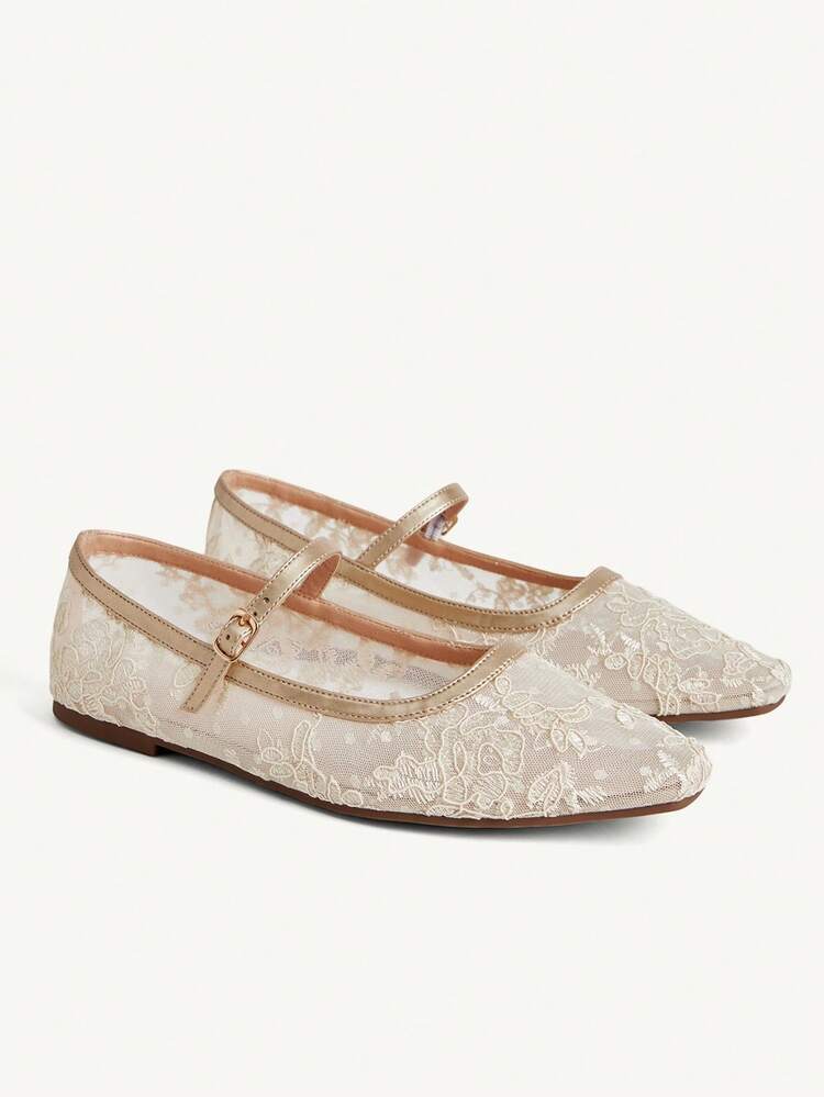 CUCCOO CHICEST Women Shoes Small Square Toe Flat Bottom Gold Lace Mesh Breathable Women's Low Vamp Flat Sole Shoes Light, Comfortable And Simple Commuting Daily Versatile Mary Jane Women Flat Sole Shoes