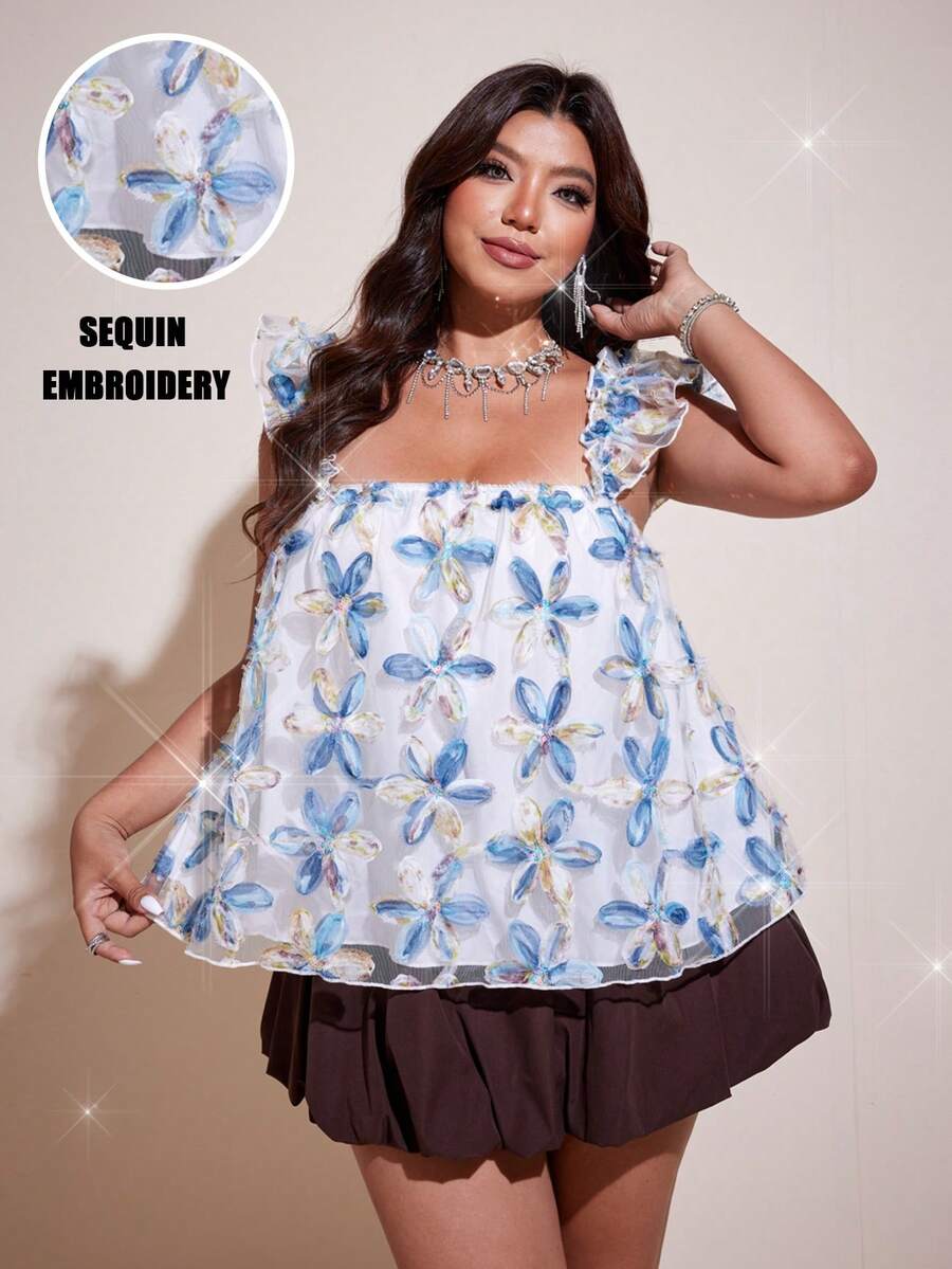 Viva Relle Áo camisole xếp ly họa tiết hoa 3D màu xanh dương và trắng dành cho nữ cỡ lớn - Nhiều màu - Xem 1