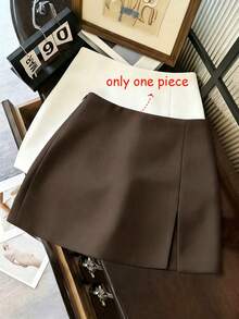 Franclia Elegant Brown Winter Skirt For Office,Business Commute,Vintage Side Slit Solid Color Mini Skirt,Casual Street Style Fashion For Spring Summer - Coffee Brown - View 1