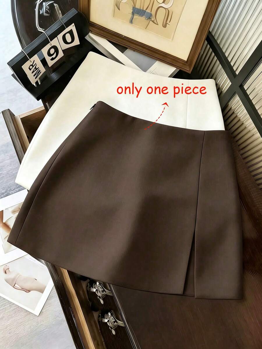 Franclia Elegant Brown Winter Skirt For Office,Business Commute,Vintage Side Slit Solid Color Mini Skirt,Casual Street Style Fashion For Spring Summer - Coffee Brown - View 1