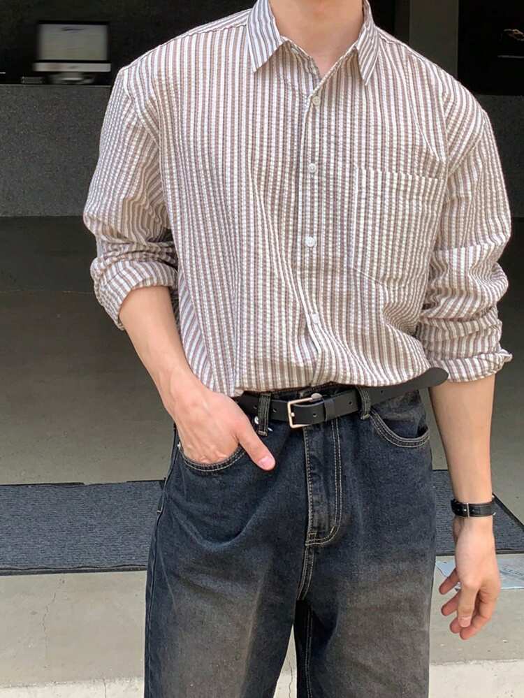Men's Striped Single-Breasted Casual Pocket Long Sleeve Shirt