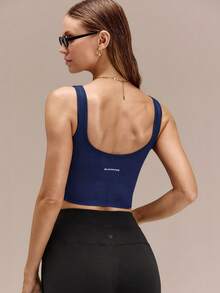 GLOWMODE Ultrafine Soft Seamless Rock Every Rep Sweetheart Neckline Asymmetric Hem Removable Cups Corset-Style Tank Top Running Workout Gym - Dark Blue - View 3