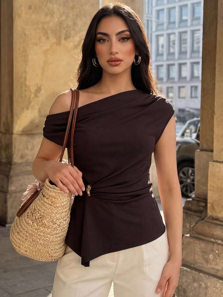 Elenzga 时尚优雅不对称纹理肩部收腰女士春夏衬衫 - 棕色 - 查看 1